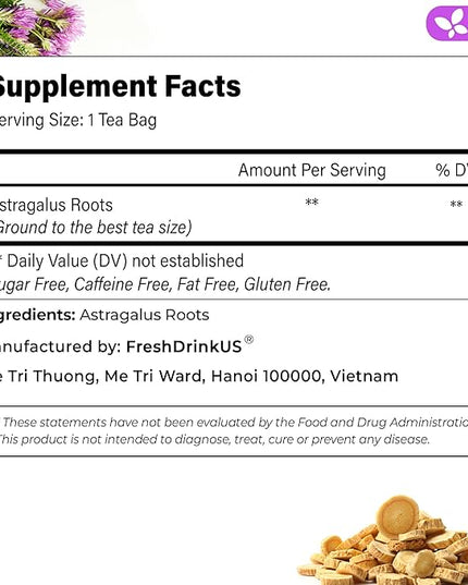 FreshDrinkUS, Premium 75 Astragalus Root Tea Bags, 100% Natural & Pure from Astragalus Root Herbal Tea. Made with Natural Material Tea Bags. No Sugar, No Caffeine, No Gluten, Vegan.