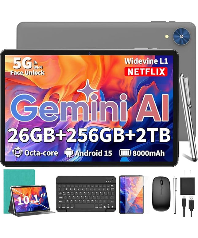 Relndoo Android Tablet, 10.1 inch Android 15 Tablet with Keyboard, 24GB+256GB+2TB Expandable, 2 in 1 Tablets with Keyboard Case Mouse Stylus, Gemini AI, 8-core, 8000mAh, 5G WiFi, GMS,GPS (Green)