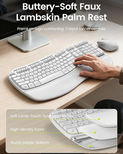 White Ergonomic Wireless Keyboard and Mouse Combo, 2.4G Full Size Ergo Wave Key Board with Cushioned Plam Rest, Natural Typing, 3 DPI Adjustable Silent Mouse for Computer/Laptop/Windows/Mac - Sablute