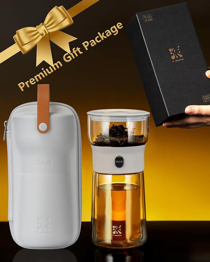 ZENS Modern Tea Pot, Glass Teapot with Infusers for Loose Tea Diffusers with One Touch Pouring, Cool Portable Tea Maker with Insulated Tea Mug and Travel Tea Kits for Tea Lover Gifts