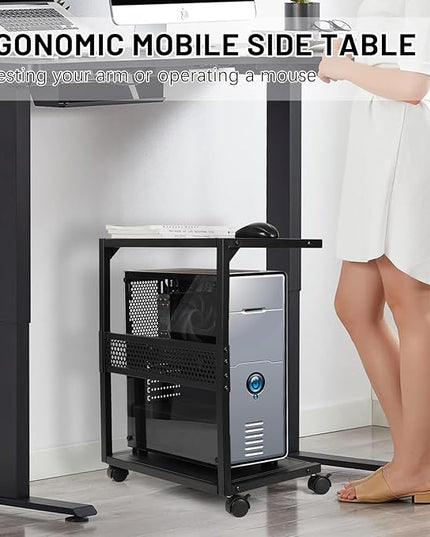 PC Stand Computer Tower Stand 2-Tier Metal CPU Holder with Locking Caster Wheels Suitable for Most PC (S,Black)