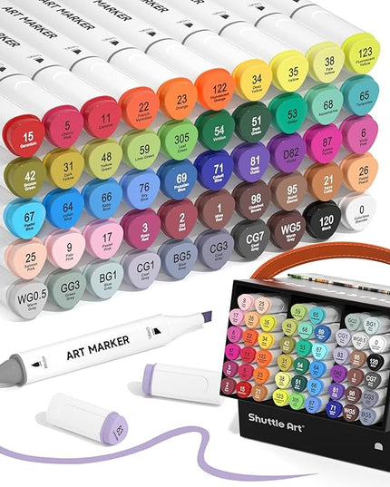 Shuttle Art Alcohol Markers Brush tip, Dual Tip Brush & Chisel Tip Art Marker Set, 50 Colors plus 1 Blender Permanent Marker Pens with Case Perfect for Illustration Students Adults Coloring
