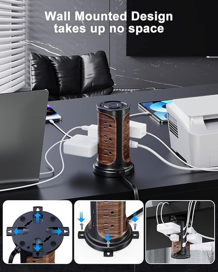 Flat Plug Surge Protector Power Strip Tower with 12 Outlets 3 USB(2 Type C), 6.5 FT Ultra Flat Extension Cord with Multiple Outlets, Charging Station with Screw Wall Mount for Home Office Dorm