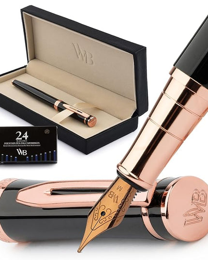 Wordsworth & Black Fountain Pen Set, 18K Gilded Medium Nib, Includes 24 Pack Ink Cartridges, Ink Refill Converter & Gift Box, Gold Finish, Calligraphy, [Black Rose Gold], Perfect for Men & Women