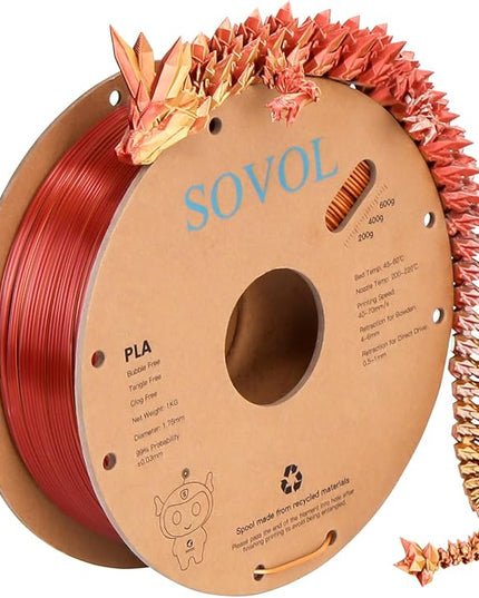 Sovol PLA Filament Silk Tri Color Co-Extrusion 1.75mm, 3D Printer Filament 1kg/ 2.2lbs, Shiny Silk Gold Silver Bronze 3 in 1 Coextrusion PLA Material +/-0.03mm