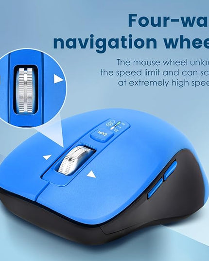 Wireless Bluetooth Mouse (USB + BT1 + BT2), Full Size, 4-Way Scrolling, Multi-Device Silent Mouse for Computer, Laptop, iPad, MacBook (Blue)