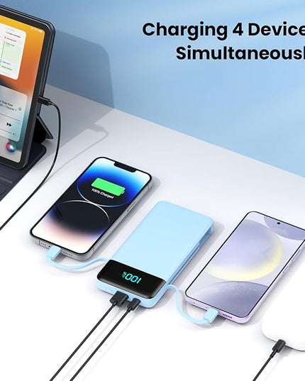 Portable Charger for iPhone with Built in Cables and Wall Plug,Upgraded 13800mAh Fast Charging USB C Power Bank,4 Outputs Travel Essential Battery Pack Compatible with iPhone 17/16/15/14,-Light Blue