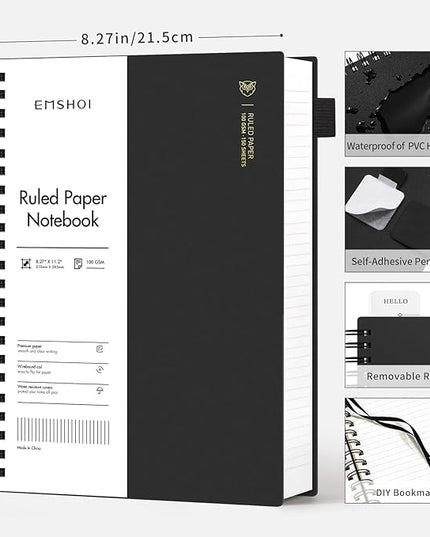 EMSHOI A4 Spiral Notebook Lined Journal, 11.2" X 8.27", 300 Pages/150 Sheets, 100gsm Thick Paper, Waterproof Softcover, Twin-Wire Binding, for School Work Writing Note Taking-Black