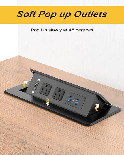 Recessed Power Strip, HDMI Pop Up Power Cover Box Desktop Socket with PD 20W USB C Charging Ports, Stainless Steel Receptacle Outlet for Conference Room Countertop (Black)