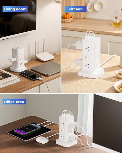 15-in-1 Power Strip Tower with Surge Protector 1800J, Fast Charging Tower PD20W USB-C Ports with 12 AC Outlets, 15ft Extension Cord for Home Office Dorm Room, White