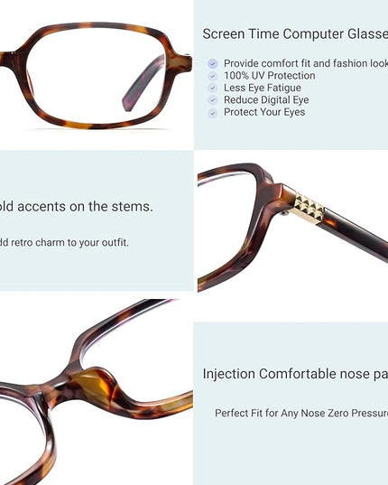 hnbliv Retro Rectangle Blue Light Blocking Glasses for Women 90s Fake Eyeglasses Y2K Fashion Computer Glasses Tortoise Frame