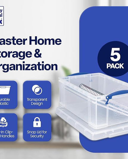 Really Useful Box Stackable 9 Liter Plastic Storage Container Bin with Snap Lid and Built-In Clip Lock Handles for Home & Office Organization (5 Pack)