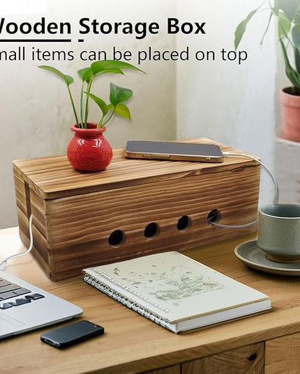 Large Cable Management Box, Wood Cord Hider Box & Organizer for Power Strip Hider Cable Storage for Office, TV Wires, Desk Cord Organizer, 14" x 5.9" x 5.1", Vintage Walnut (Vintage Walnut-lid)