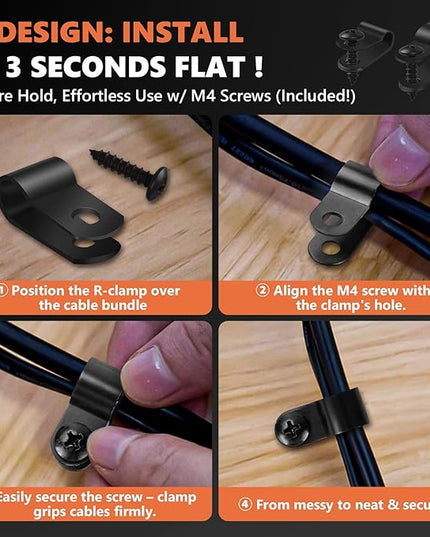 320PCS Black R Cable Clips-6 Sizes 3/16''1/4'' 3/8''1/2''3/4''1''-Premium PA66 Nylon | High Temp Resistant | Durable Wire Management Clamps Assortment Kit with Screws for Organizing Wires Cords