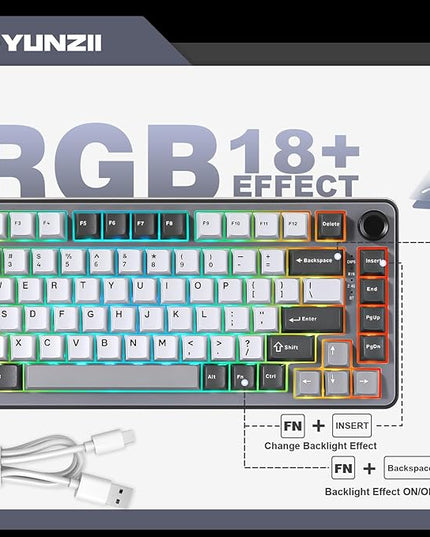 YUNZII B75 PRO Wireless Mechanical Keyboard,75% Layout with Knob,Hot Swap Gasket Custom Structure,Creamy Pre-lubed Switches,RGB Backlit,BT/Type-C/2.4G for Win/Mac(Cocoa Cream V2 Switch,Dark Grey)