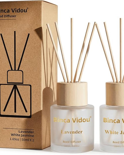 Reed Diffuser Set, Binca Vidou Lavender & White Jasmine Natural Scent Oil Diffusers with Sticks for Home Office Bathroom Aromatherapy Decor 1.69oz x 2