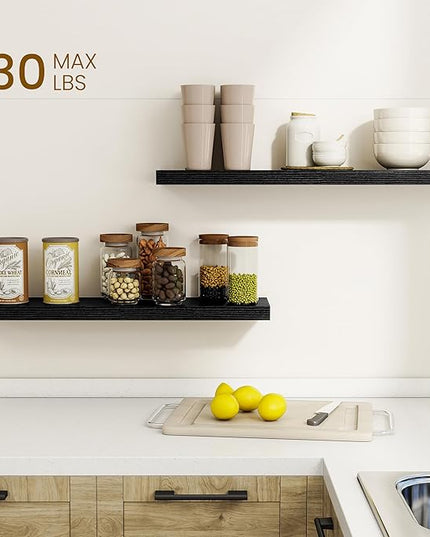 Dreamland 30Inch Floating Shelves for Wall, Rustic Wooden Black Floating Shelves for Bathroom|Bedroom|Kitchen, Deep Wall Mounted Book Shelf, Wood Storage Display Shelf for Home Decor, Set of 2