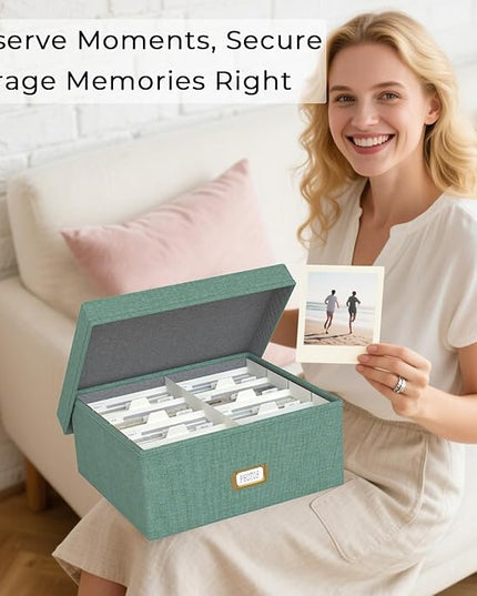 Decorative Photo Storage Box - Linen Photo Box Organizer with Dividers, Fits Holds Up to 1700 Pictures and 4x6 Photos, Memory Keepsake Organizer for Photos, Scrapbook Supplies, Cards, Stamps (Green)