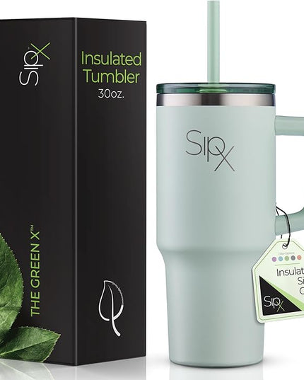 SIPX™ 30 oz Insulated Tumbler with Handle & Straw – Vacuum Insulated Stainless Steel, Leakproof, Cupholder Friendly – Perfect for Iced Coffee, Water & Travel – Green