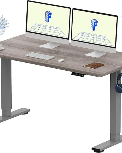 FLEXISPOT EN1 One-Piece Standing Desk 55 x 28 Inches Height Adjustable Electric Desk (Silver Frame + Grey Wood Grain Top, 2 Packages)