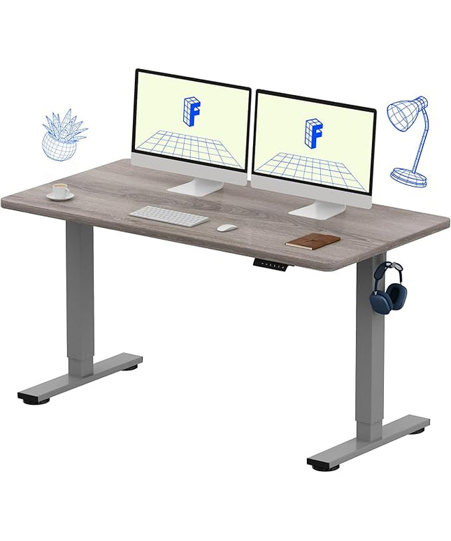 FLEXISPOT EN1 One-Piece Standing Desk 55 x 28 Inches Height Adjustable Electric Desk (Silver Frame + Grey Wood Grain Top, 2 Packages)