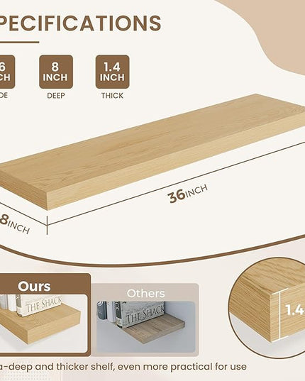 Dreamland 36 Inches Floating Shelves for Wall, 8" Deep Long Floating Shelves Set of 2, Large Display & Storage Shelf, Wall Shelf for Bathroom Bedroom Living Room Kitchen Office, Oak