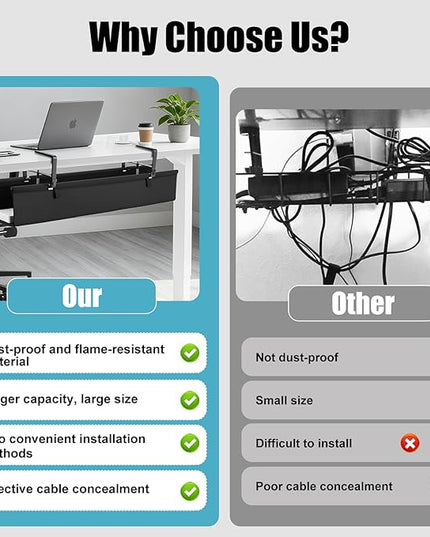 Oxford Cloth Under Desk Cable Management Tray,No-Drill 48" Desk Cable Management Organizer with Clip/Screw Installation,Holds Up to 70 lbs,Fabric Cable Management for Home,Office & Gaming Computer