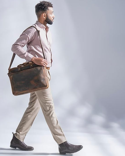 Handmade World Leather Briefcase For Men 'The Contemporary' Fits 17 Inch Laptop Computer Messenger Crossbody Shoulder Bag For Business Travel Office Work