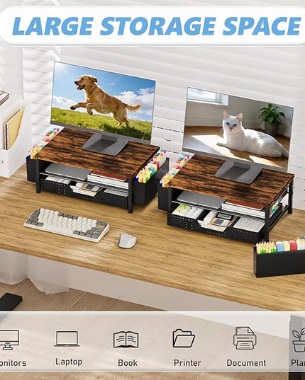 OPNICE Wood Desk Organizers and Accessories, 2-Tier Computer Monitor Stand Riser with Drawer and 2 Pen Holders, Laptop Stand, Office Desk Accessories for Office Supplies, Brown