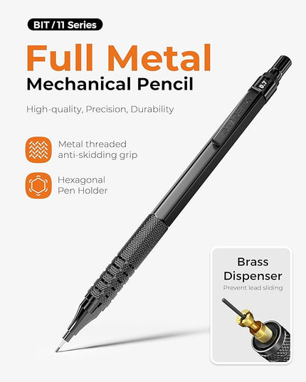 STAGEEK 45PCS Black & Silver Metal Mechanical Pencil Set in Leather Case, 0.5, 0.7, 0.9, 2.0mm Drafting Pencils with 28 Tubes(6B 4B 2B HB 2H 4H & Colors)Lead Refills for Art Drawing, Sketching,Writing