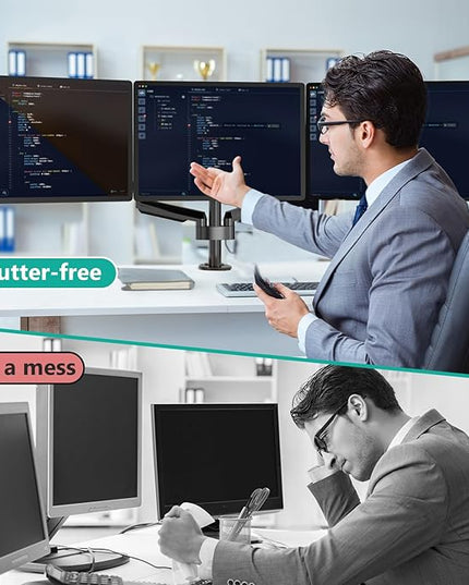 WALI Triple Monitor Mount for 13-27 inch Screens, Adjustable 3 Monitors Desk Mount with Swivel, Tilt, Clamp & Grommet Kit, Gas Spring Arm Triple Monitor Stand, VESA 75x75/100x100mm (GSDM003), Black