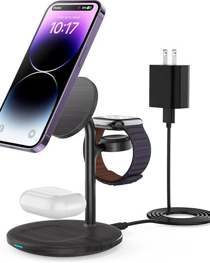 XooFly 3 in 1 Wireless Charging Station for Apple Devices, Fast Wireless Mag-Safe Charger Stand with 20W Adapter for iPhone 17/16 15 14 13 12 Pro Max/Pro/Plus/Air/Mini,iWatch,AirPods(Black Wood Grain)