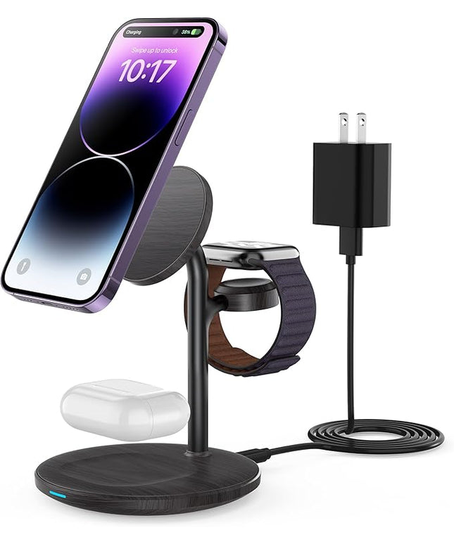 XooFly 3 in 1 Wireless Charging Station for Apple Devices, Fast Wireless Mag-Safe Charger Stand with 20W Adapter for iPhone 17/16 15 14 13 12 Pro Max/Pro/Plus/Air/Mini,iWatch,AirPods(Black Wood Grain)