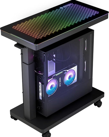 EUREKA ERGONOMIC Height Adjustable Computer Tower Stand, Illuminated Glass Panel PC Stand w/RGB Lights, 2-Tier CPU Holder Cart Under Desk, PC Floor Stand for Office Gaming, APP Control