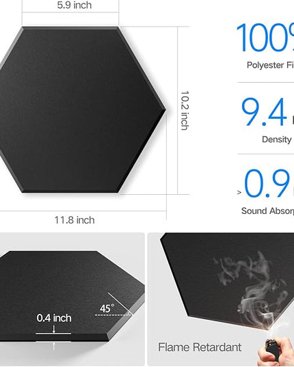 8 Pack Self-Adhesive Acoustic Panels 12" X 10" X 0.4" - Sound Proof Foam Panels for Wall with High Density, Hexagon Design, Flame Resistant, Absorb Noise and Eliminate Echoes(Black)