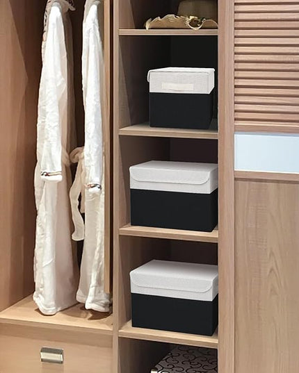 Large 22 Quart Linen Fabric Foldable Storage Bin Cube Organizer Basket with Flip-Top Lid & Handles, Clothes Blanket Box for Home, Office, Closet, Black & White, 4 Pack 14.6 x 9.5 x 9.5
