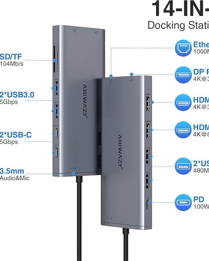 USB C Hub USB-C Docking Station Dual Monitor 14 in 1 Triple Display Multiport Adapter with 2 HDMI+DP+7 USB Type C/A Ports+Ethernet+Audio, USBC Dongle for Dell/HP/Lenovo ThinkPad/Surface(Grey)