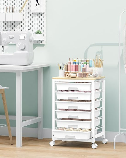 Rolling Storage Utility Cart with 6 Drawers and Wooden Tabletop for Under Desk Storage,White