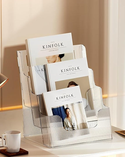 Gagee 2 Pack Brochure Display Stand or Wall Mount 8.5 x 11 inch,3 Tier Magazine Holder,Clear Stands for Display Literature,Brochures,Pamphlet,Flyer,Paper Document