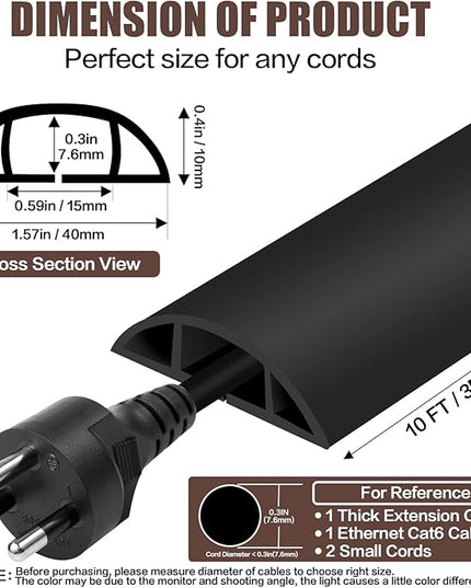 Floor Cord Cover Self Adhesive Cord Hider,10FT Cable Management, Extension Strip Protector for Wires, Prevent Cable Trips for Offices, Gyms, Exhibitions Cavity:0.51"(W) x 0.3"(H) Black
