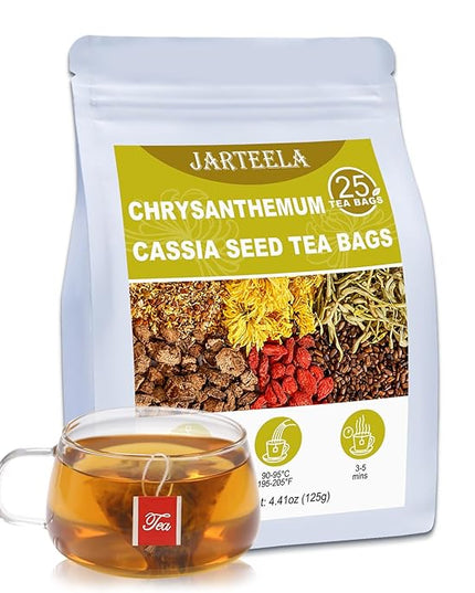Jarteela - Chrysanthemum Cassia Seed Tea Bags - 5g x 25 Count - Chrysanthemum Blend Herbal Tea with Goji Berry, Burdock Root, Honeysuckle, Osmanthus - Support Overall Health
