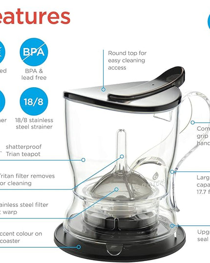 GROSCHE Aberdeen Tea Infuser Teapot & Smart Tea Maker - BPA-Free, Drip-Free Design | Coaster | Easy Brew | Easy Clean Steeper | Loose Leaf Brewing - Stylish Design | 17.7 oz - 525 ml - Black