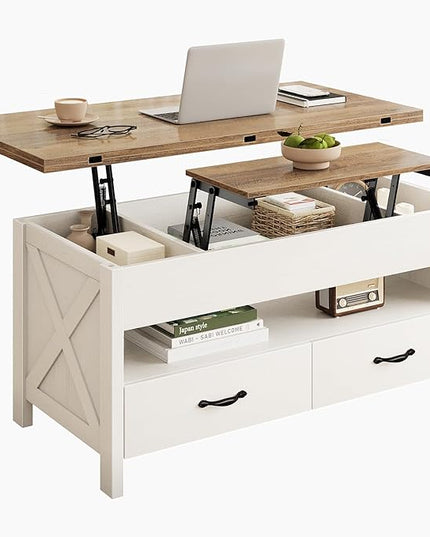 Marsail 40" Lift Top Coffee Table, 4 in 1 Coffee Table with Hidden Compartment, 1 Open Shelf and 2 Drawers, Multifunctional Farmhouse Center Table for Living Room and Home Office, Brown and White