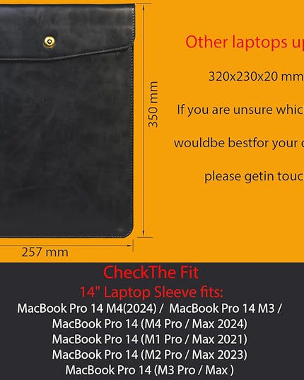Genuine Leather Laptop Sleeve Compatible with MacBook Pro 14 Inch M4 M3 M2 Pro/Max 2023 & M1 Case,Slim and Durable Waterproof Vertical Laptops Bag for 14 Inch Notebook Computer Cover,Black