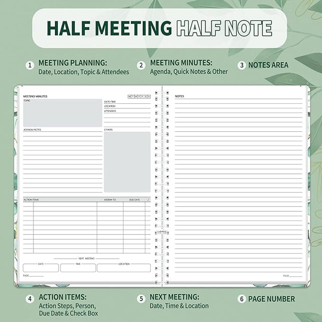 SUNEE Half Meeting Half Note - 7.5"x10" Professional Notebooks for Work - 160 Pages, B5 Size Project Planner, Spiral Meeting Agenda/Minutes Organizer for Women Men, Note Taking, Office & Business