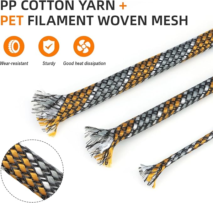 Braided Expandable Cable Sleeve, 25ft PP Cotton and PET Braided Cable Management, Flexible Mesh Wire Loom and Cable Protector for TV, Computer, Home Theater, Automotive (Orange White Grey, 1/2")