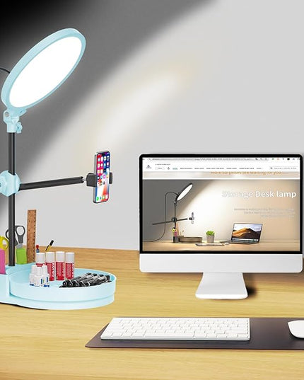 Selfie Light Kit for Desk and Laptop,55W Dimmable Full Screen Ring Light,with Rotating Storage Box,Pen Holder Stand,Phone Holder and Controller (Ice Blue, 10.5)