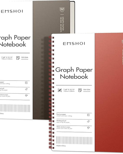 EMSHOI Graph Paper Spiral Notebook 7.48" x 10.15", 2 Pack 320 Pages B5 Large Graph Notebook with Sticky Notes, 100gsm Thick Grid Paper, Plastic Hardcover Journals for Writing Engineering Graphing