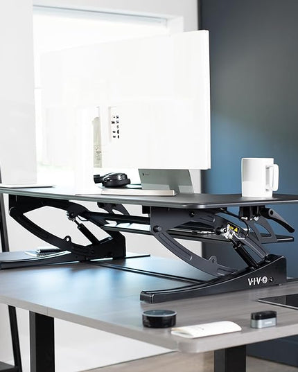 VIVO 48 inch Height Adjustable Large Stand Up Desk Converter, V Series, Quick Sit to Stand Tabletop Dual Monitor Riser Workstation, Black, DESK-V048V