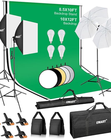 EMART 8.5 x 10 ft Backdrop Support System, Professional Photography Lighting Kit with 10*12ft Backdrop*3, 5500K 50W LED, Reflector, Umbrellas&Softbox Lighting Kit for Studio, Portrait, Video Shooting